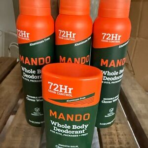 (4) MANDO Whole Body Deodorant and spray. Clover Woods